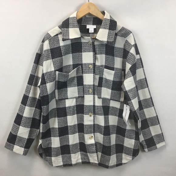 Liz Claiborne Buffalo Plaid Button Down Jacket Shacket Navy and Cream Wool Blend - Picture 1 of 12